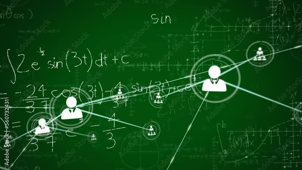 Aufkleber animation of network of connections with icons over mathematical equations