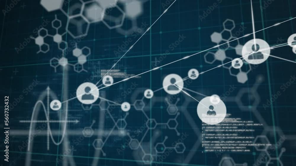 Poster animation of network of connections with icons over data processing