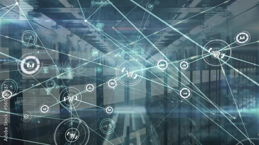 Poster animation of network of connections with icons over server room and data processing