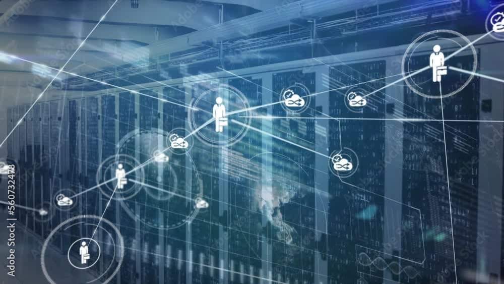 Poster animation of network of connections with icons over server room and data processing