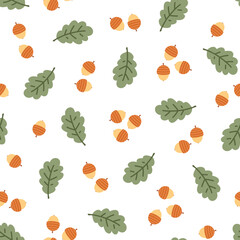 Stylish seamless vector pattern with acorns and oak tree leaves. Scandi style floral texture. Abstract woodland theme background for wrapping paper, gift, fabric, wallpaper, textile, packaging.