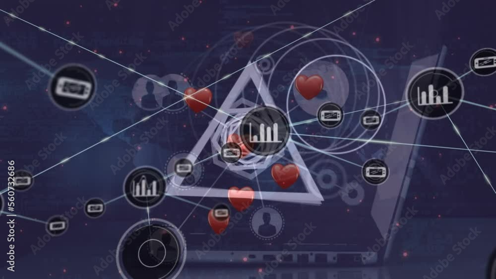 Poster animation of network of connections with icons and shapes over hands using laptop