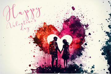 Obraz na płótnie Canvas Valentine's Day watercolor wallpaper with Heart and couple in love with text Ai Generated art