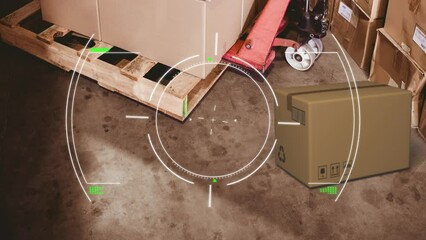 Animation of scopes scanning, glitch and data processing over warehouse - Powered by Adobe