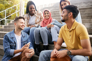 Relax, diversity or students on steps at break talking or speaking of goals, education or future plan. Group, school or happy friends in university or college bonding in a fun social conversation