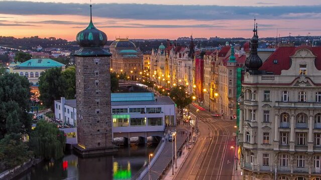 Sitkovska water-tower timelapse and traffic on road in old city center of Prague day to night transition. World Heritage Site of UNESCO. Aerial view from top of dancing house