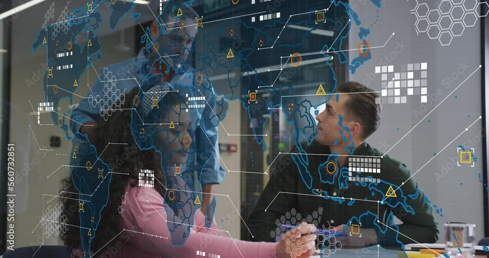 Poster animation of world map and data processing over diverse colleagues discussing together at office