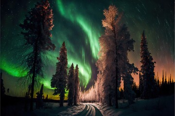  a road that has some trees in it and a green light in the sky above it and a lot of snow on the ground and trees in the road and the road and the snow.