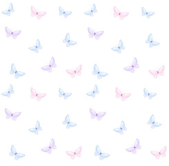 Watercolor minimalistic seamless pattern of tender blue and pink butterflies isolated