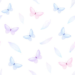 Watercolor minimalistic seamless pattern of tender blue and pink butterflies with delicate leathes isolated