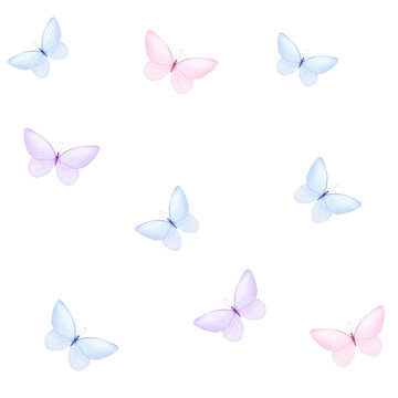 Watercolor minimalistic seamless pattern of tender blue and pink butterflies isolated