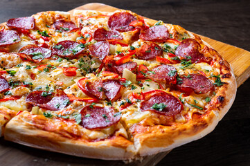 Pepperoni Pizza with cheese, salami, Tomato sauce, pepper, Spices
