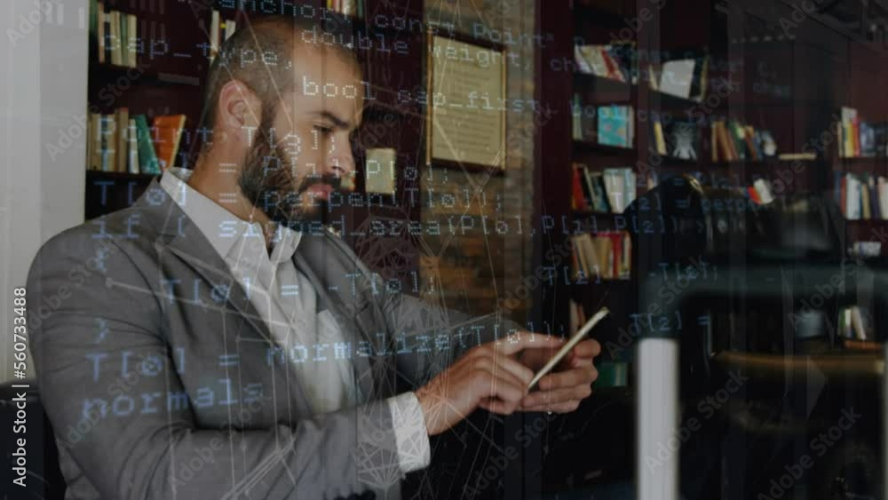 Poster animation of financial data processing over biracial businessman using smartphone