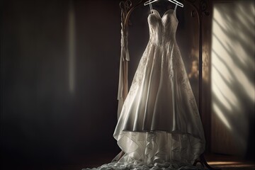 Elegant wedding dress , prom dress on hanger. Generative AI