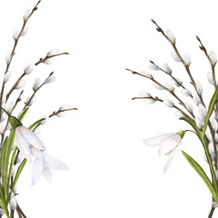 Watercolor easter illustration of pussy-willow branches and snowdrops bouquet on white background, frame