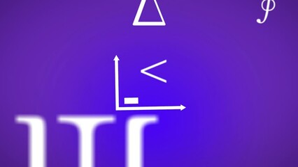 Animation of mathematical symbols and bar graph icon against blue gradient background - Powered by Adobe