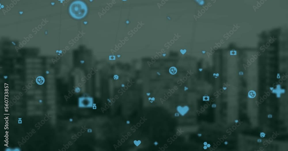 Poster animation of network of digital icons floating against aerial view of tall buildings