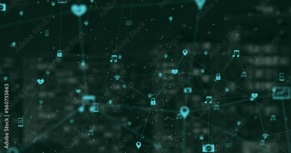 Poster animation of network of digital icons floating against aerial view of tall buildings