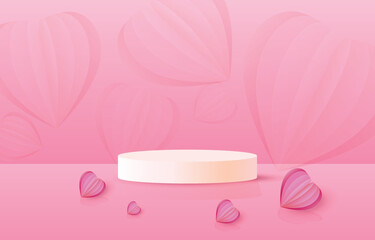 pink valentine realistic 3d cylinder pedestal podium with pastel backdrop. decorated with paper cut hearts. Abstract vector rendering geometric platform. Product display presentation. minimal scene.