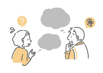 あれこれ心配するシニア夫婦　シンプルでお洒落な線画イラスト