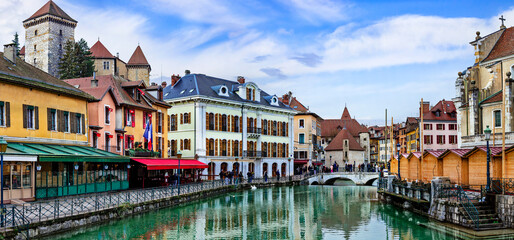 Fototapeta na wymiar France travel and landmarks. Romantic beautiful old town of Annecy with colorful houses and canals. Haute-Savoi region