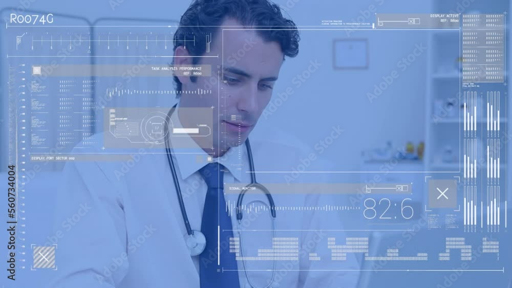 Poster animation of interface with data processing against caucasian male doctor using computer at hospital
