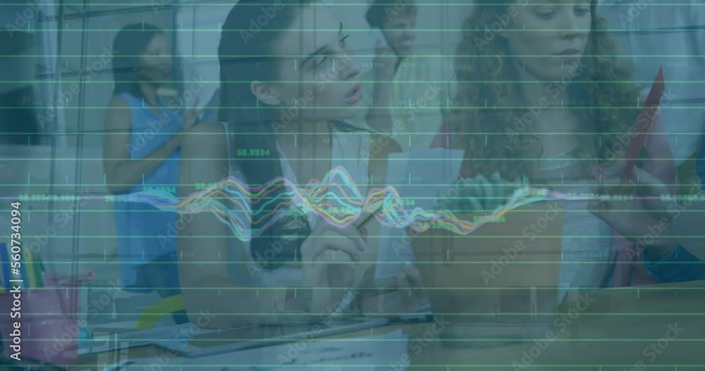 Poster animation of data processing over three diverse colleagues discussing together at office