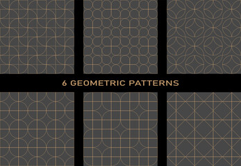 A set of 6 geometric seamless patterns made in the same style. Dark gray background, golden lines, geometric shapes and minimalism.