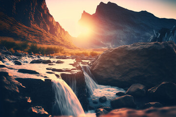 Mountain and waterfall on sunset sky abstract background with bokeh sunlight shallow depth of field. Nature and environment concept. Generative AI