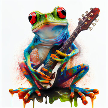 Isolated frog with guitar. Generative AI..