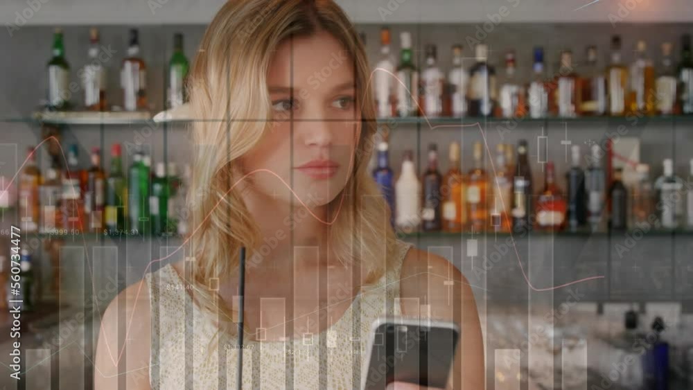 Aufkleber animation of financial data processing and statistics over woman using smartphone