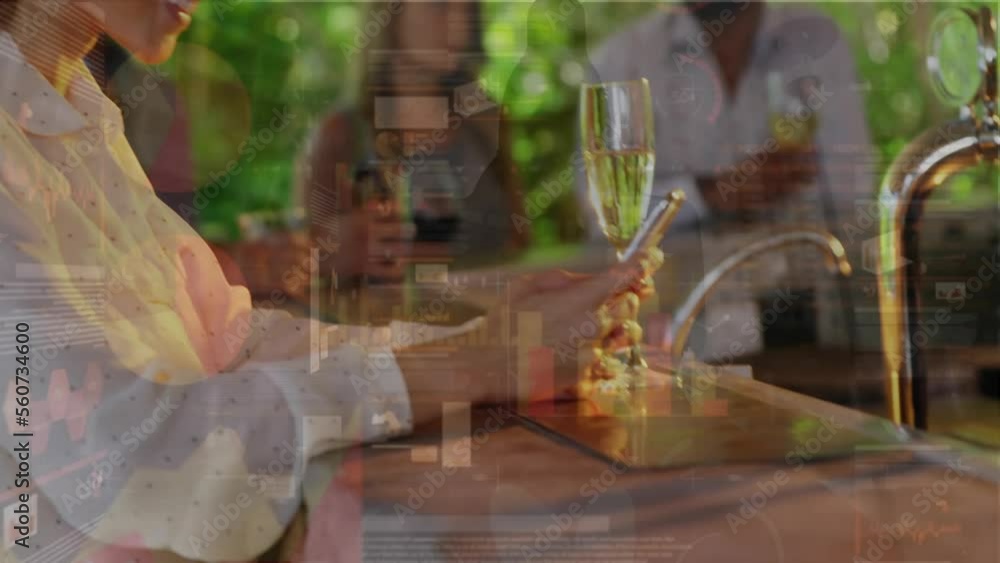 Poster animation of statistical data processing over caucasian woman smiling while using smartphone at bar