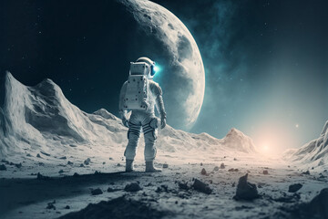 Cosmonaut on a cold snowy moon. An astronaut looks into the cold future in space, on which planet could people survive. AI generative