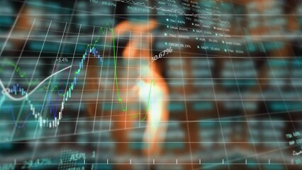 Animation of financial data processing and statistics over flame - Powered by Adobe