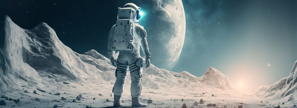 Banner of cosmonaut on a cold snowy moon. An astronaut looks into the cold future in space, on which planet could people survive. AI generative