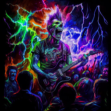 Zombie with guitar during concert. Generative AI.