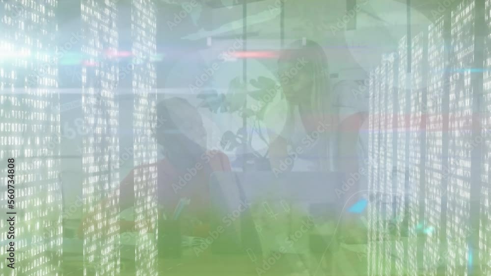 Poster animation of statistical data processing over diverse female colleagues discussing at office