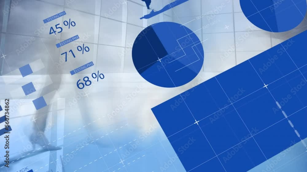 Poster Animation of statistical data processing against low section of people walking at office