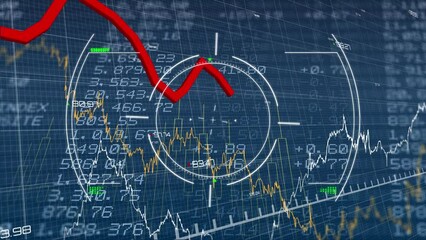 Animation of scope scanning over financial and stock market data processing against blue background - Powered by Adobe