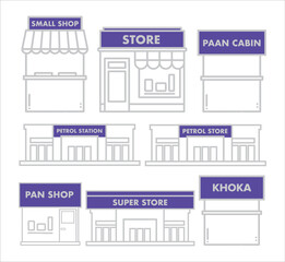 Small Shop, Petrol Station, super Store, Market and Cabin vector icons with coloured