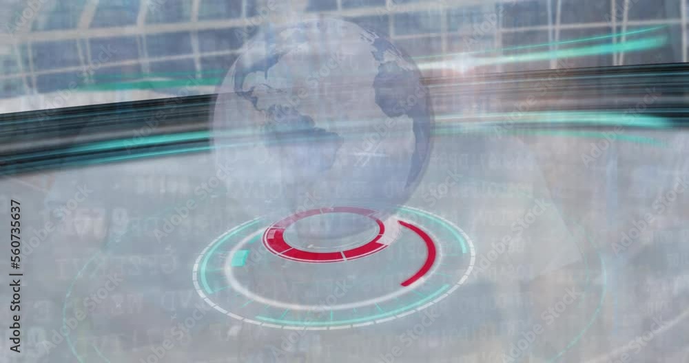 Poster animation of financial data processing and globe over building