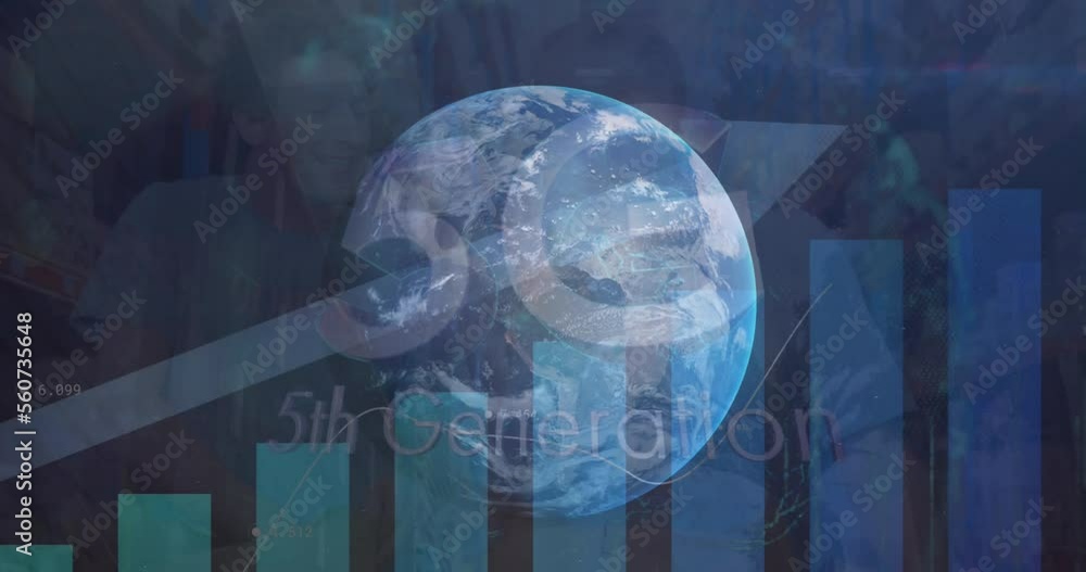 Aufkleber animation of financial data processing and globe with 5g text over diverse people