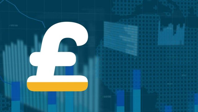 Animation of british pound sign filling up with yellow and financial data processing