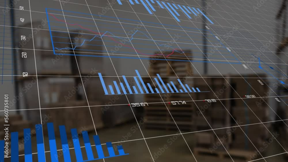 Poster animation of statistical data processing against empty warehouse