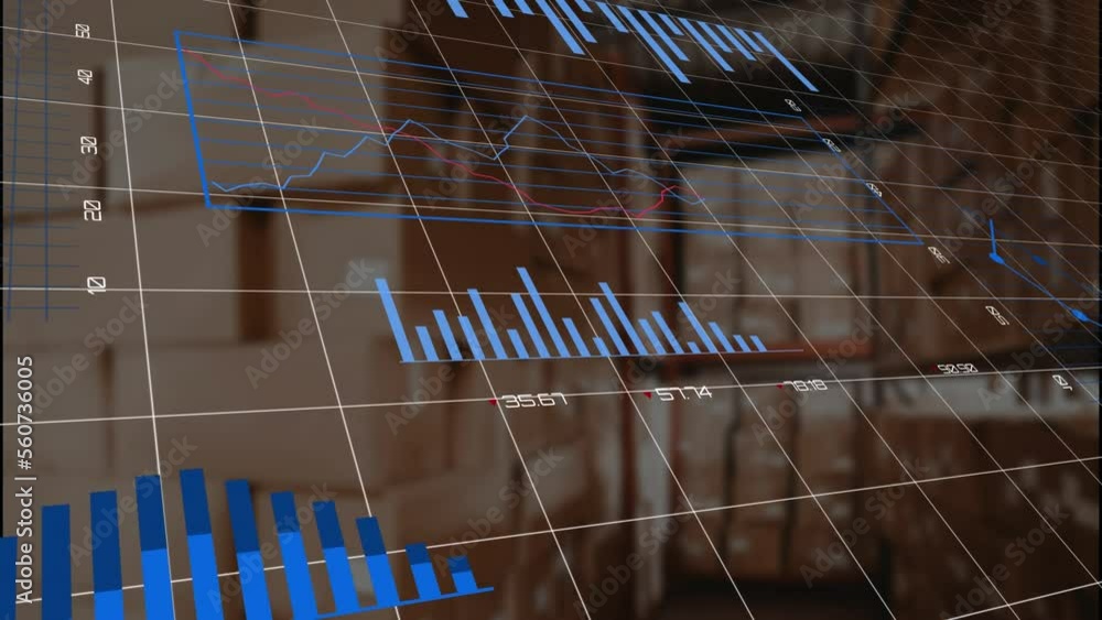 Poster animation of statistical data processing against stack of boxes at empty warehouse