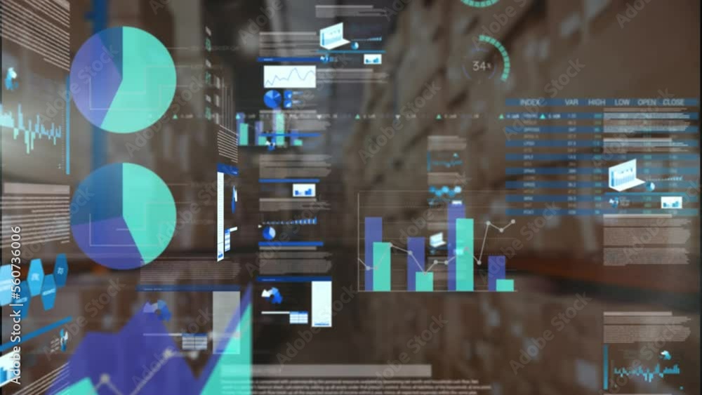 Poster Animation of statistical data processing against empty warehouse