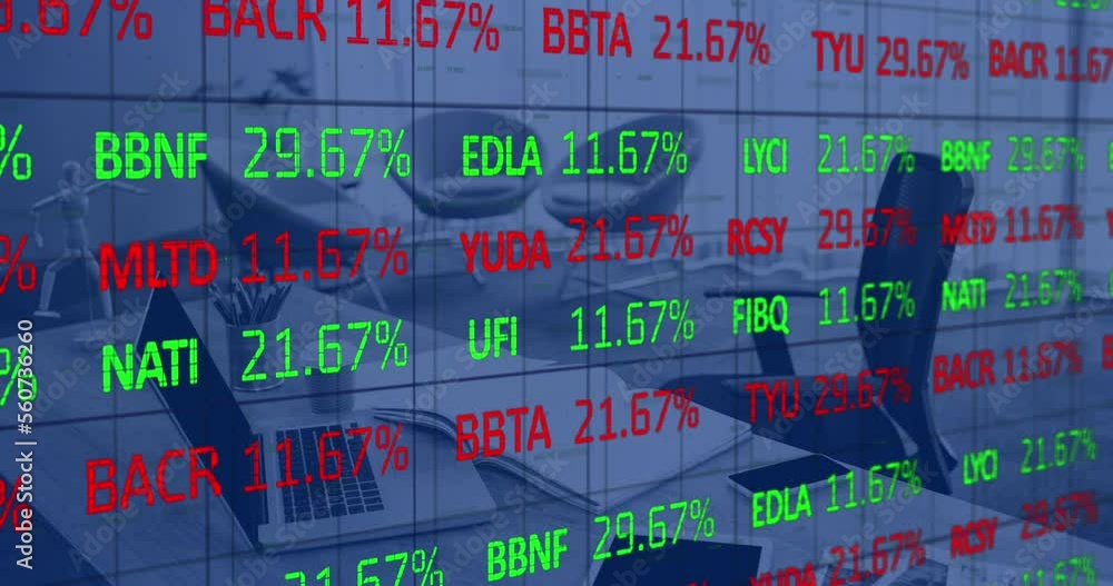 Aufkleber animation of stock market data processing against empty office