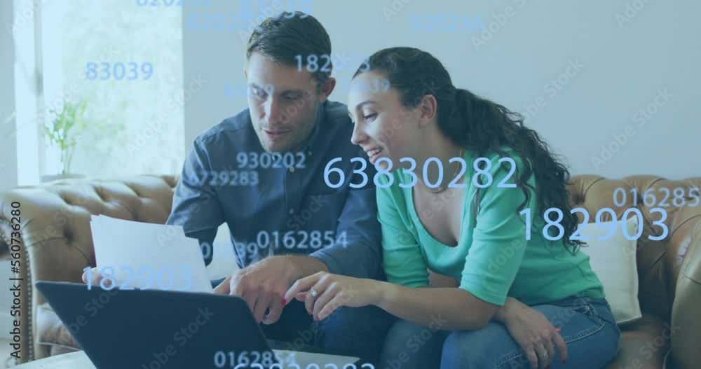 Poster animation of data processing over caucasian couple using laptop