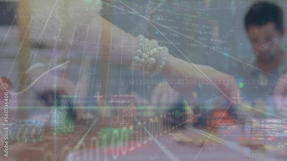 Poster animation of financial data processing and binary coding over casino roulette