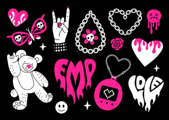 Y2k glamour pink and black elements set. Butterfly, kawaii bear, fire, flame, chain heart, tattoo and other icons in trendy emo goth 2000s style. Vector hand drawn illustration. 90s, 00s aesthetic
